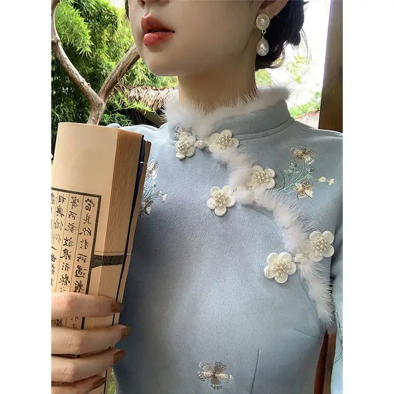 Chinese Traditional Qipao Dress Cheongsam Women's Clothing Autumn Winter Gentle Flower Temperament Elegant Embroidery Vintage - Seprincess