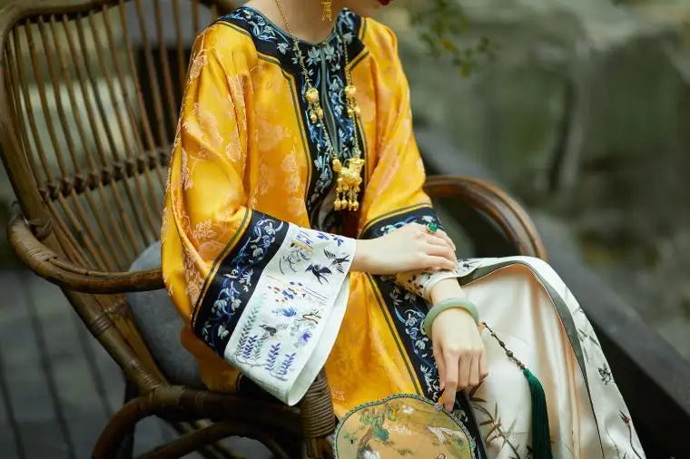 Qing Dynasty Satin Yellow Printed Cheongsam Cloak Chinese Vintage Heavy Industry Horse Face Skirt Original  Qipao Dress Modern - Seprincess