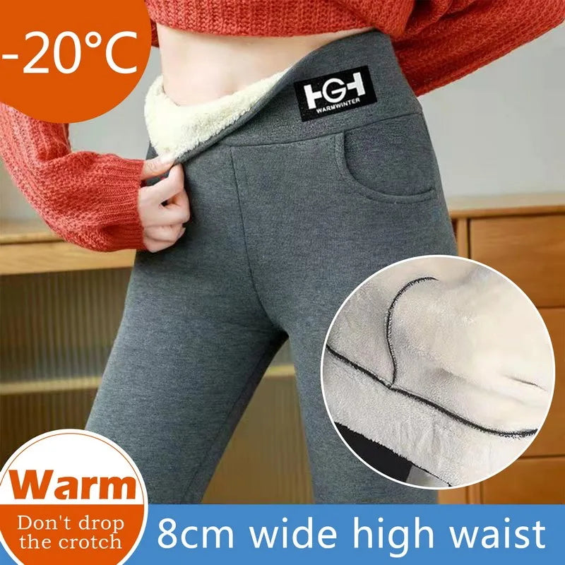 Winter Women Leggings Solid Warm Leggings Thicken Lambwool Hight Waist Fleece Keep Butt Lift High Stretchy Walking Pants Pocket