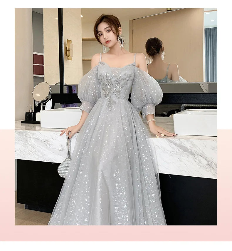 Grey Bridesmaid Dresses Elegant Women Applique Off The Shoulder Floor Length Tulle Wedding Party Dress Formal Prom Gowns - Seprincess