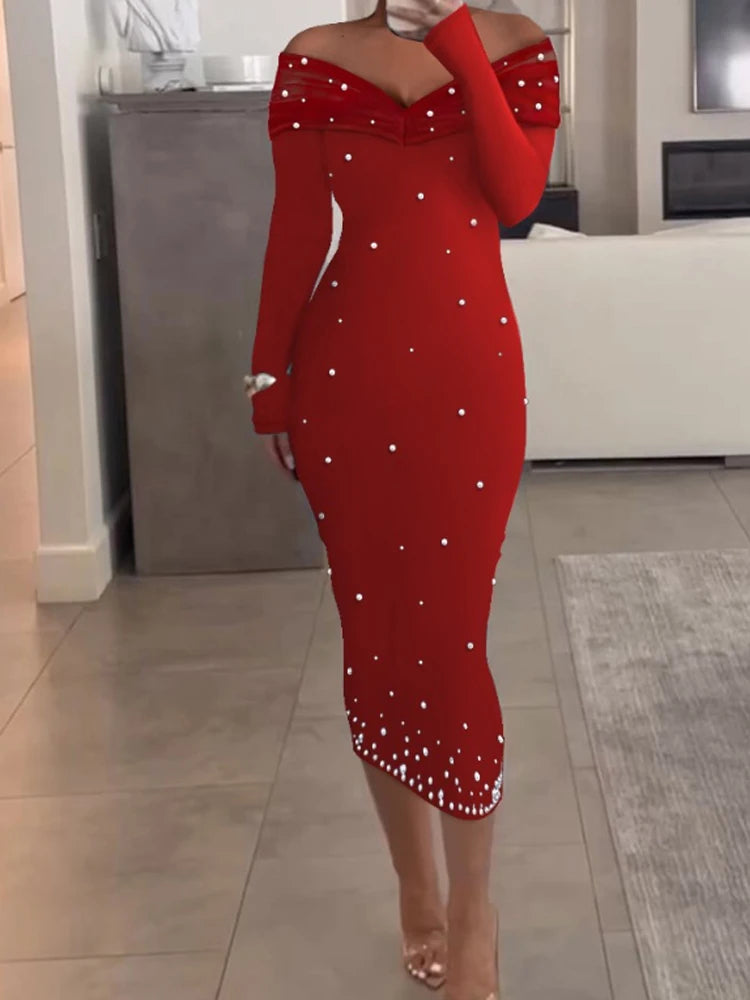 Women Off Shoulder Long Sleeve Beaded Party Dress - Seprincess