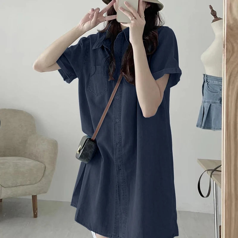 ZANZEA Summer Women Jeans Dress Vintage Short Sleeve Denim Sundress Causal Shirt Vestidos Retro Lapel Kaftan Loose Work Dresses - Seprincess