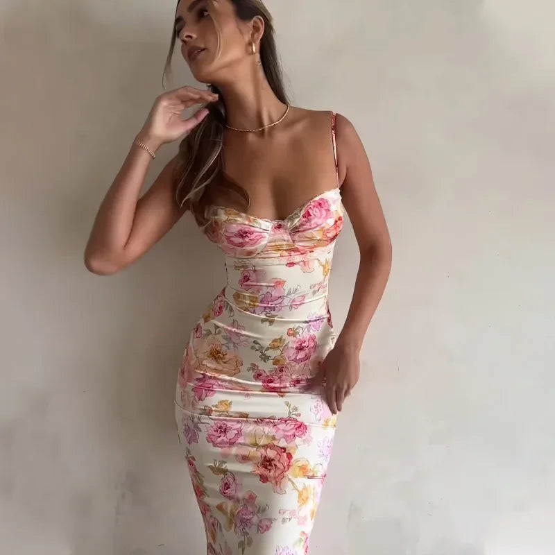 2024 Summer Party Beach Style Backless Sleeveless Spaghetti Strap New Floral Printing V-neck Slim Long Dress for Women - Seprincess