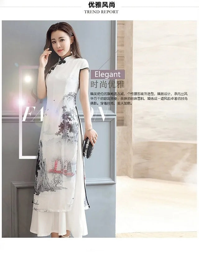 1pcs/lot Summer Elegant Slim Women Painting Cheongsam White Dress Qipao Chiffon Vintage Chinese Style Dress - Seprincess