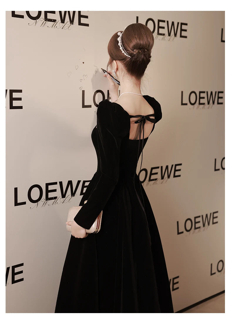 Black new light luxury small temperament banquet velvet long-sleeved dress - Seprincess