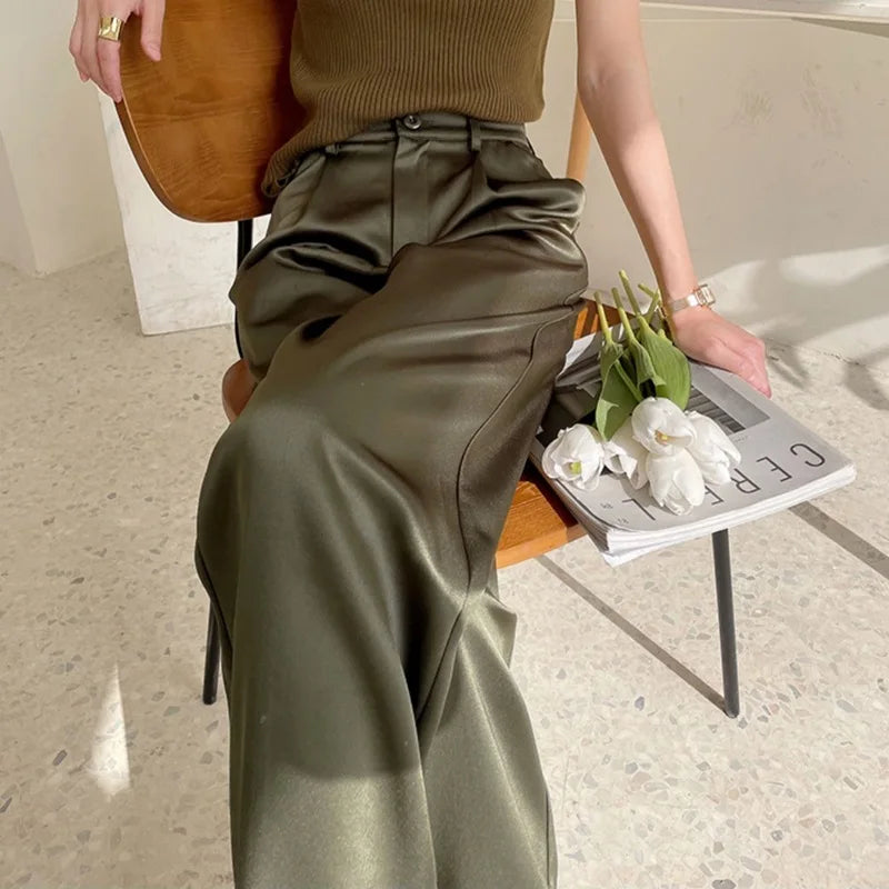 Summer Silk Satin Wide Leg Pants Thin Women Spring Office Straight Suit Trousers Classic Baggy Elegant High Waist Straight Pants