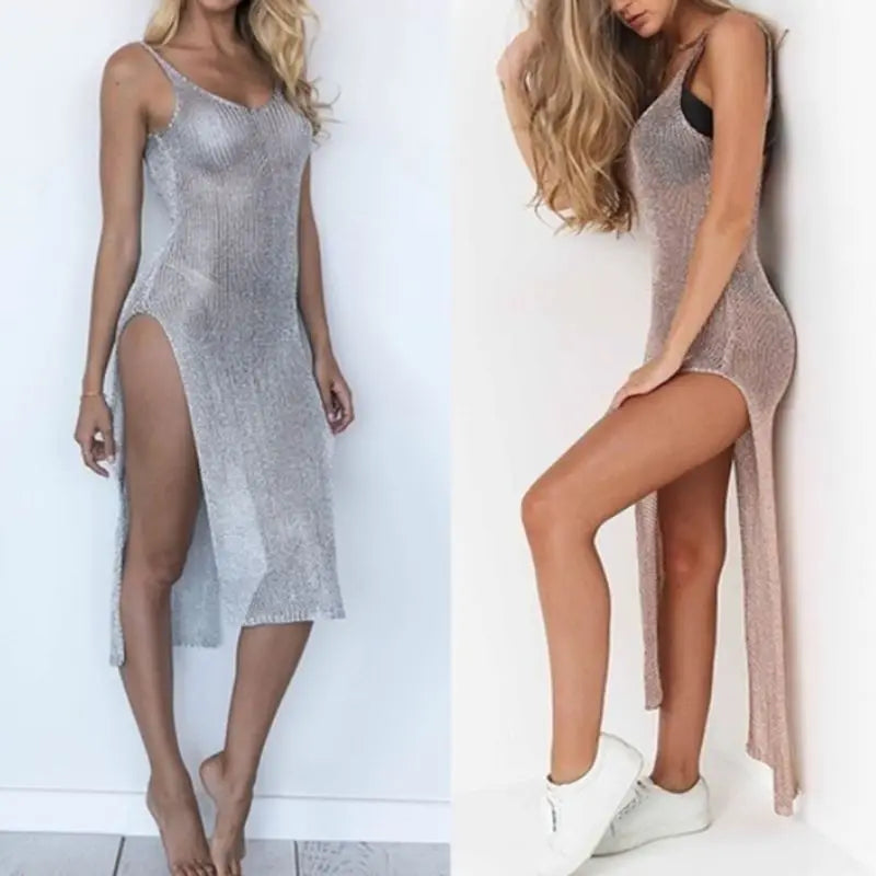 Women Sexy Summer Sunscreen Sheer Mesh Bikini Cover Up Metallic Solid Color Backless High Slit Beach Club Party Sleeveless Dress - Seprincess