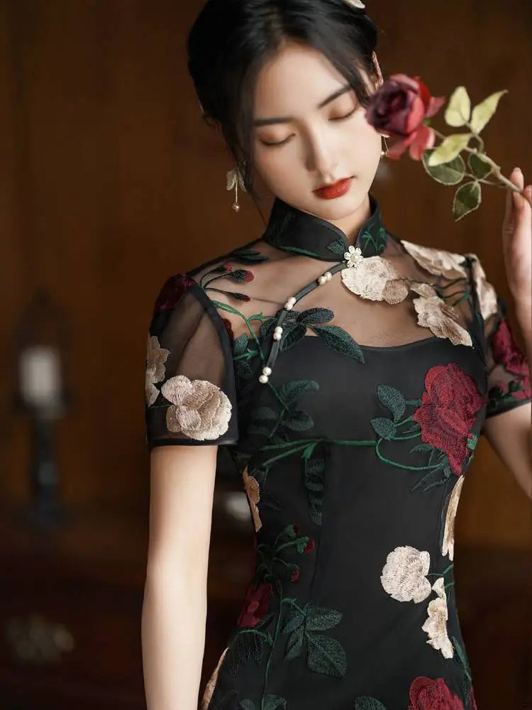 Black Lace Embroidered Flower Cheongsam Spring Summer New Retro Improved Young women's Clothing Women Elegant Daily Qipao - Seprincess