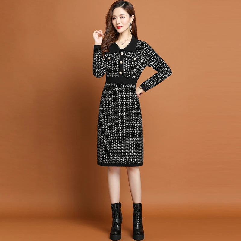 Office Lady Korean Fashion Knitted Solid Slim Dress Women's Winter Long Sleeve Warm Elegant Knee Length Tunics - Seprincess