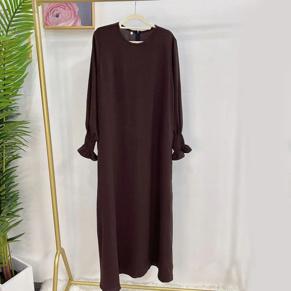 Under Abaya Inner Long Slip Dress Solid Color Smocked Cuffs Islamic Clothing Muslim Woman Casual Dubai Turk Modest Hijabi Robe - Seprincess