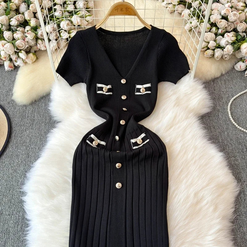 Elegant Knitted Long Dress Women Summer V Neck Single Breatsed Short Sleelve Bodycon Dresses Fashion Party Office Lady Vestidos - Seprincess