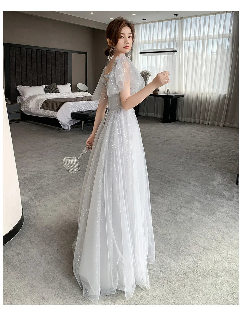 Grey Bridesmaid Dresses Elegant Women Applique Off The Shoulder Floor Length Tulle Wedding Party Dress Formal Prom Gowns - Seprincess