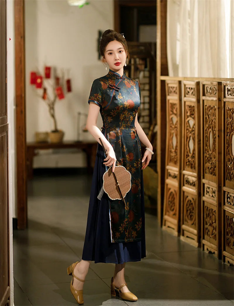 Burgundy Qipao Grace Improved Chinese Style Dresses Lady's Satin Cheongsam Summer Spring Ao Dai Flower Print Dress Oversize 4Xl - Seprincess