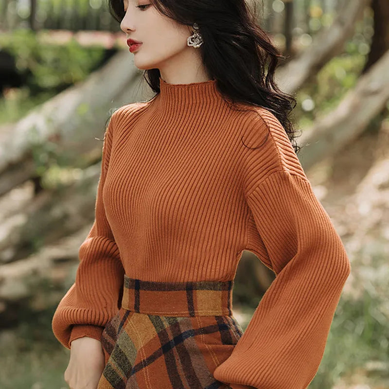 Women's Spring Autumn Vintage Plaid Long Skirts Sweater Two-Piece Set French Lady Graceful Knit Pullover High Waist Skirt Outfit - Seprincess