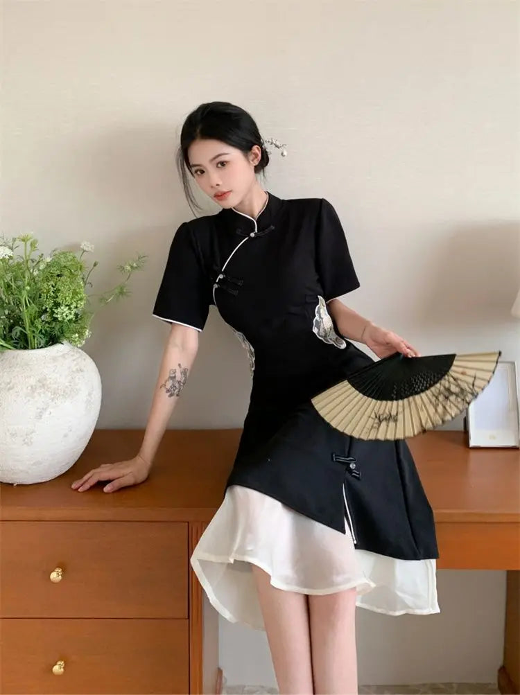 2023 Chinese Improved Hanfu Cheongsam Dress Women A Line Qipao New Fashion Style Short Sleeve Casual Daily Lady Cheongsam Dress - Seprincess