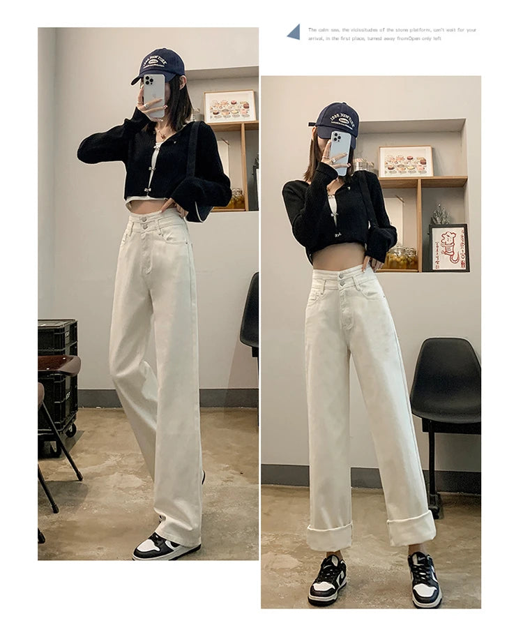 Denim Jeans Women Casual Fashion Button Design Pants Loose Straight Brand High Quality New Arrivals Trousers