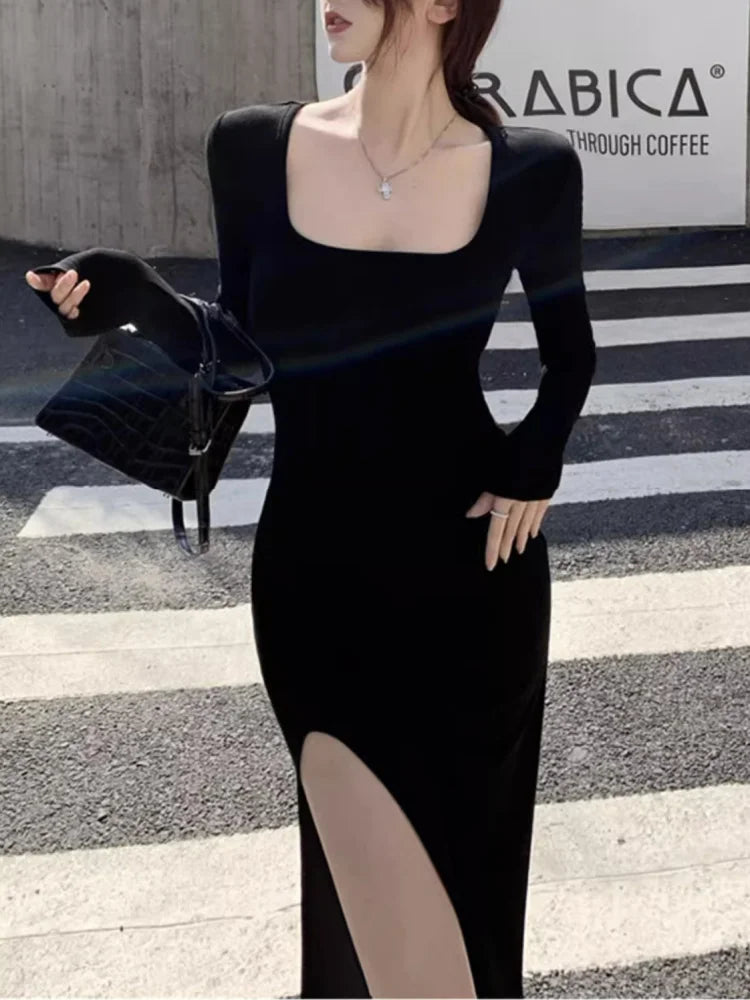 Sexy Side Slit Dress for Women Tight-fitting Wrap Hip Over-the-knee Long Sleeved Dresses Black Street Bodycon Spring Autumn - Seprincess