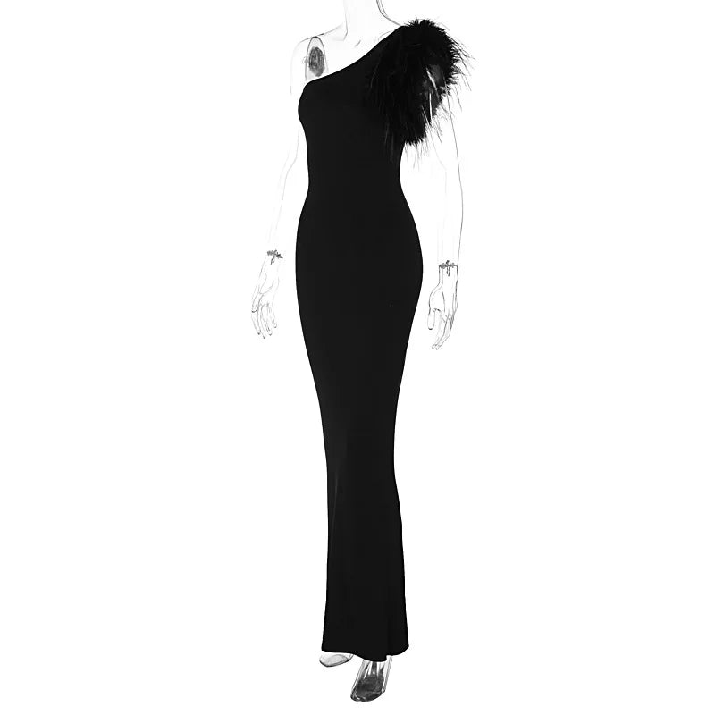 Dulzura Black Sleeveless One Shoulder Feather Maxi Dress For Women Bodycon Sexy Party Elegant Long Dress Birthday Evening Outfit - Seprincess