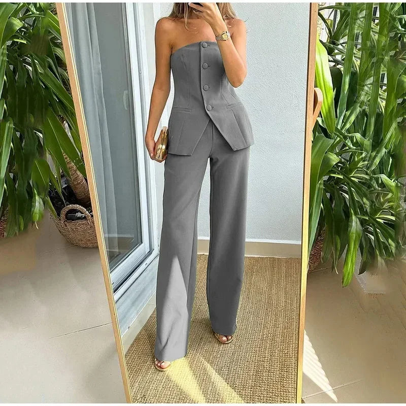 Sexy Stapless Top Pants Set Women Solid Single Breasted Tops High Waist Wide Leg Pant 2024 Summer Autumn Lady Elegant Outfits - Seprincess