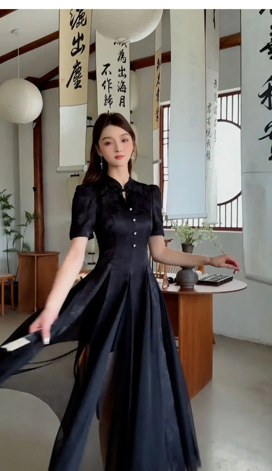 Women Fashionable New Cheongsam Black Advanced Mysterious Dress Qipao Improvement New Chinese Style Elegant Dress Summer - Seprincess