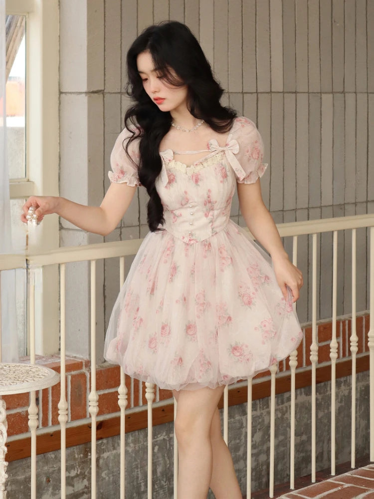 Jielur Lolita Pink Y2k Mini Dress Woman Beach Short Sleeve Floral Dress New Korean Fashion Casual Sweet Short Party Dress Summer - Seprincess