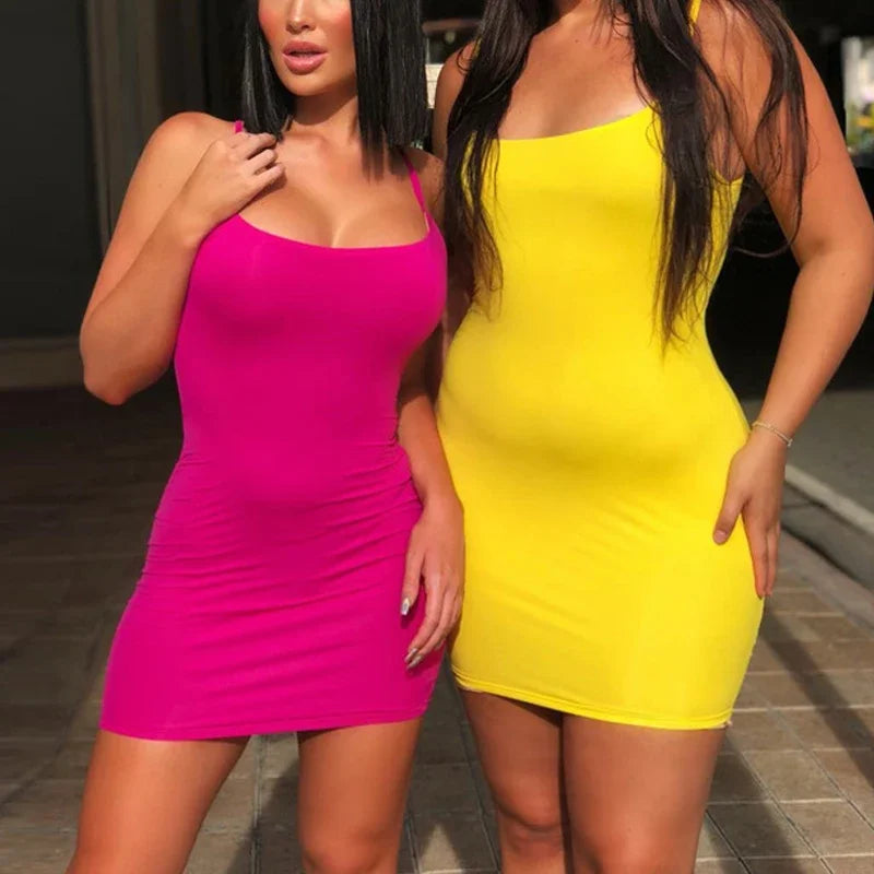 Váy mini dây mảnh mùa hè 2024 cho nữ gợi cảm Bodycon Club Party Dresses ngắn nữ yếm trơn màu đen bó sát Sundress