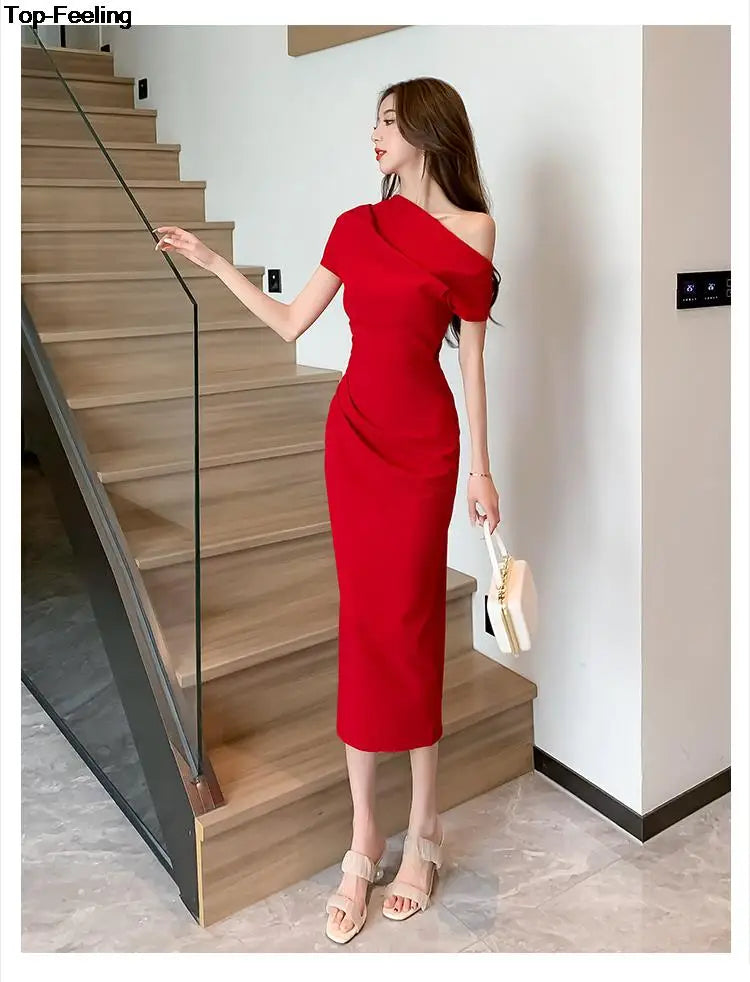 Elegant Off Shoulder Evening Party Dresses Women Summer Fashion Slim One Piece Solid Vestidos Korean Graduation Robe Clothing - Seprincess