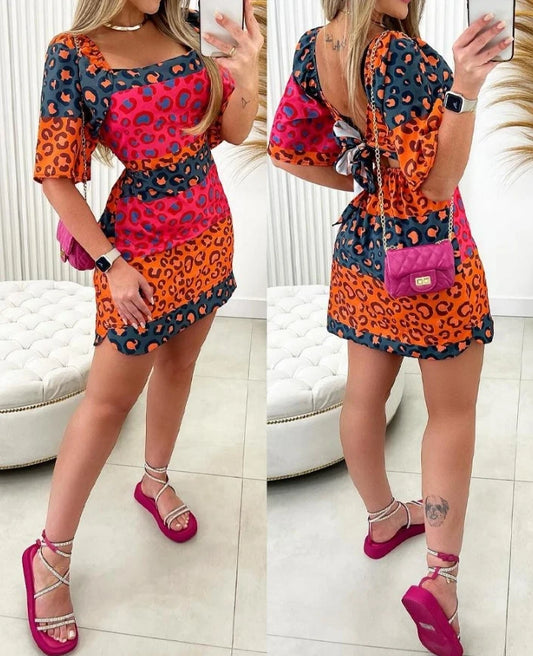 Women Sexy Backless Colorblock Leopard Print Dress Female Casual Clothing Temperament Commuting New Women's Fashion Mini Dresses - Seprincess