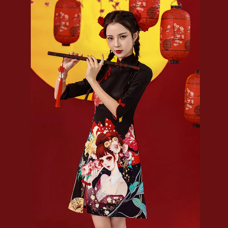 Chinese Style Cheongsam Dress Women Fashion Black Modern Modified Qipao National Traditional Robe Orientale Girl Vestido Chino - Seprincess