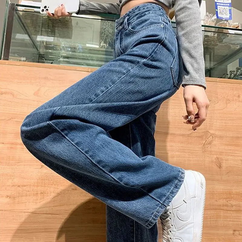 Solid Pockets Button High Waist Jeans Elegant Fashion Harajuku Slim Fit Female Clothes Casual Sweat All Match Straight Pants