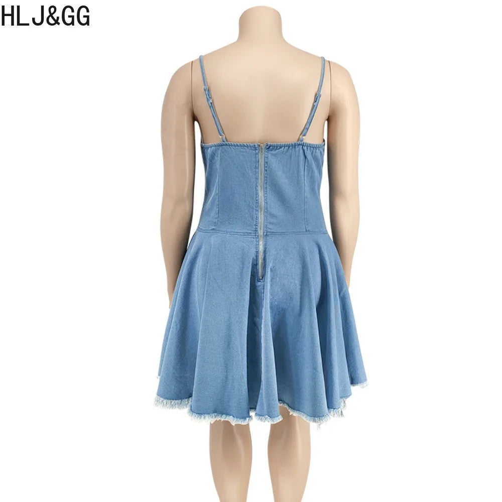 HLJ&GG Plus Size Women Denim Lace Up Suspenders Dresses Sexy Thin Sleeveless Backless Ruched Mini Dress Female Cowboy Clothing - Seprincess