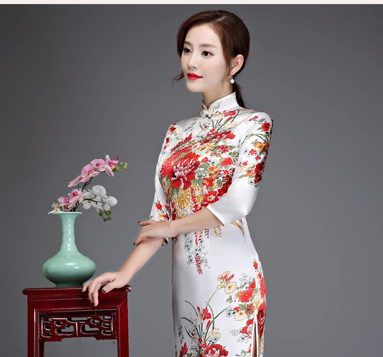 Old Shanghai Elegant Women Satin Qipao Slim 3/4 Sleeve Long Dress New Traditional Chinese Mandarin Collar Cheongsam Vestidos - Seprincess