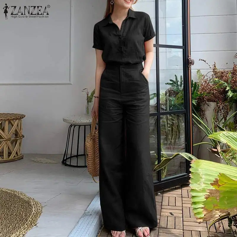 ZANZEA Summer Women Matching Sets OL Work Outfits Causal Short Sleeve Shirt Loose Wide Leg Pants Fashion Suit Urban Tracksuits - Seprincess