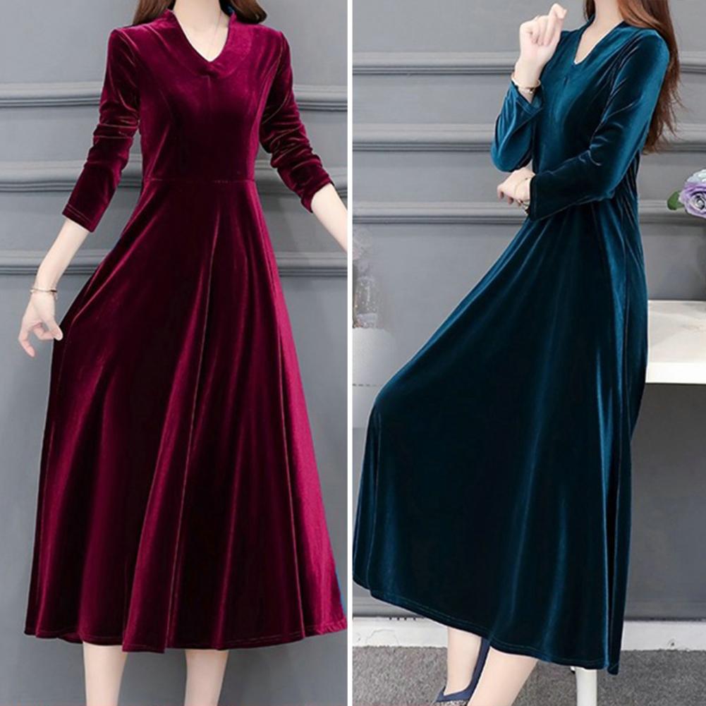 Velvet Vintage Women Maxi Dress OL Style Oversize Round Neck Long Sleeves Evening Dress 	Slim Fit Pleated Bodycon Prom Dress - Seprincess