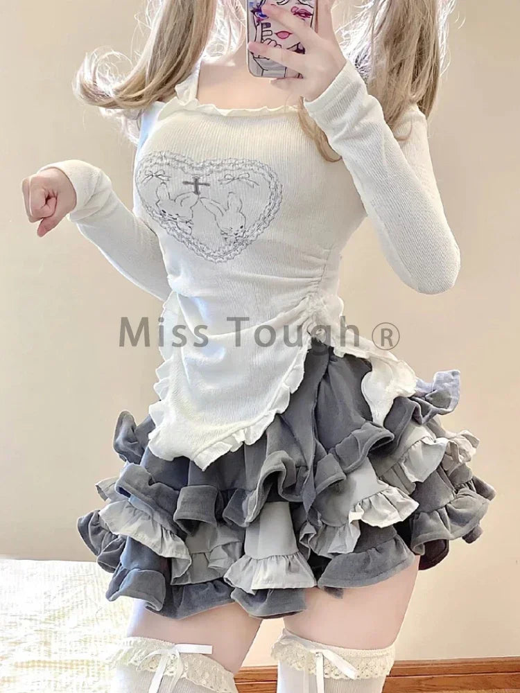 Autumn Japanese Kawaii Two Piece Set Women Sweet Rabbit Print Cute Skirt Suit Female Korean Slim Tops＋Princess Cake Skirt 2024 - Seprincess