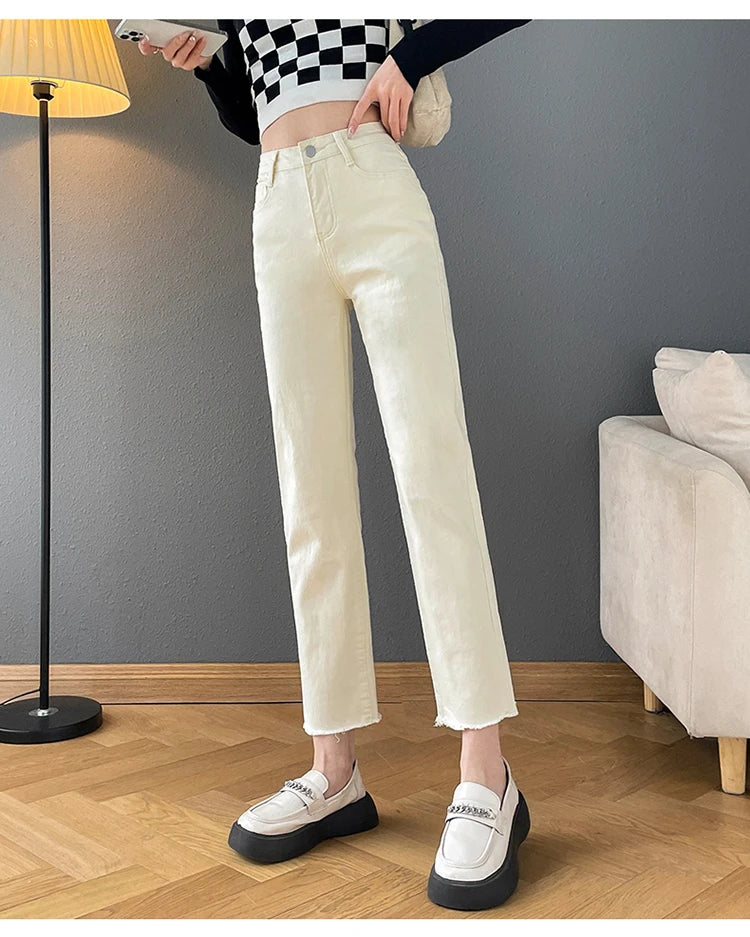 Rarely Hem Pants Spring High Waist Elastic Straight Barrel Jeans Women's Small Smoke Pipe