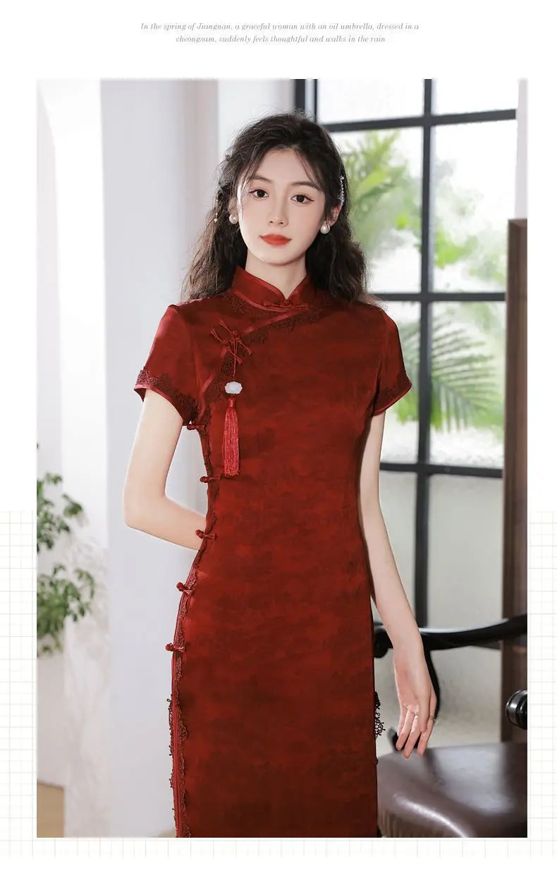 Wine Red Qipao Cheongsam 2023 Chinese Dress Women Classic Mandarin Collar Bridal  Evening Party Gown Young Girls Long Dress - Seprincess