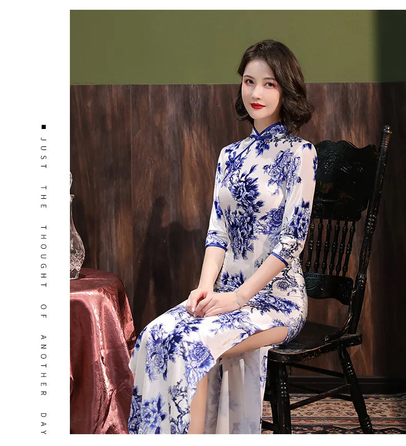 Blue White Porcelain Qipao Elegant Female Cheongsams Sexy Split Chinese Style Dress Summer Satin Vestidos Plus Size 4Xl 5Xl - Seprincess