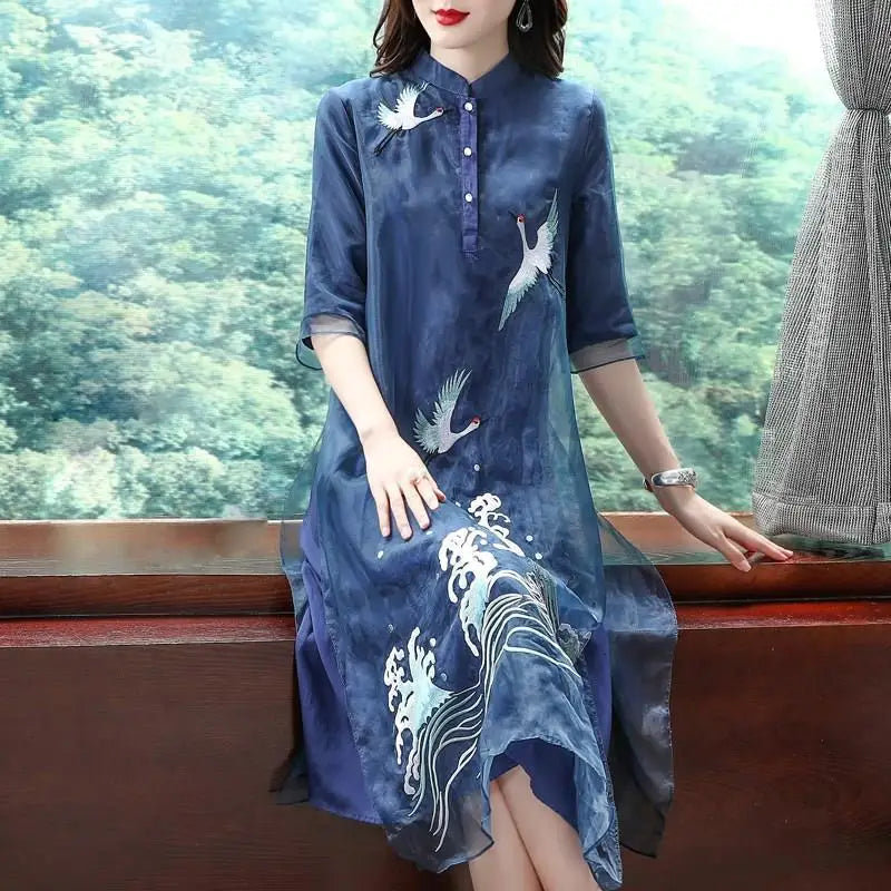 Chinese traditional chiffon cheongsam vestidso vintage embroidery evening party dress oriental loose half sleeve qiapo dress - Seprincess