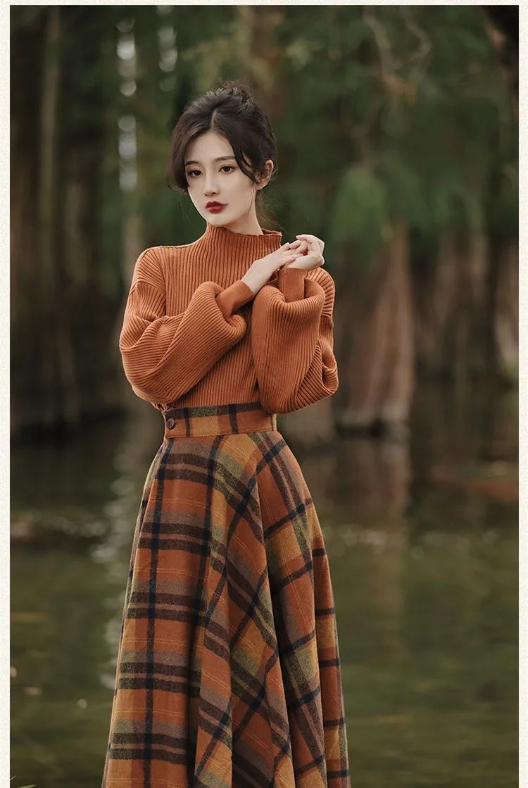 Women's Spring Autumn Vintage Plaid Long Skirts Sweater Two-Piece Set French Lady Graceful Knit Pullover High Waist Skirt Outfit - Seprincess