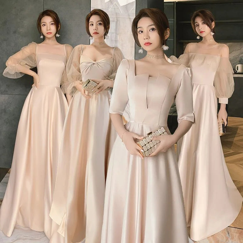 4 Styles Satin Solid Bridesmaid Dress Women Elegant Floor Length Slim Fit Spliced Tulle Puff Sleeve Wedding Party Guest Vestido - Seprincess