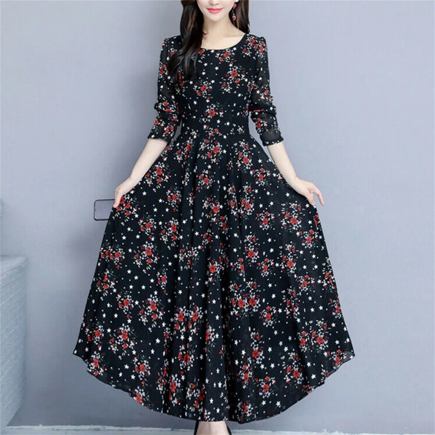 2024 Women's Casual Dress Elegant Female Loose Midi Dress Long Sleeve Floral Print Summer O Neck Dress 2024 Bohemia Clothing - Seprincess