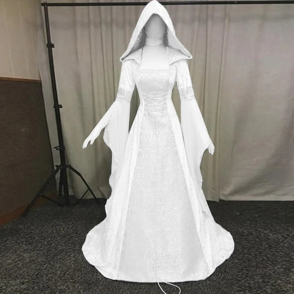 Women's Medieval Renaissance Vintage Gothic Hooded Long Dress Sexy White Lace Up Drawstring Halloween Queen Princess Cosplay - Seprincess