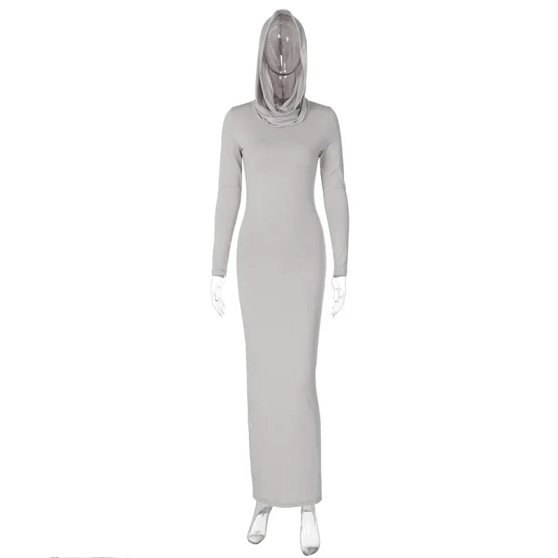 Simenual Solid Casual Hooded Long Sleeve Maxi Dress Fashion Elegant Women Hem Split Bodycon Dresses Y2K Basic Trim Streetwear - Seprincess