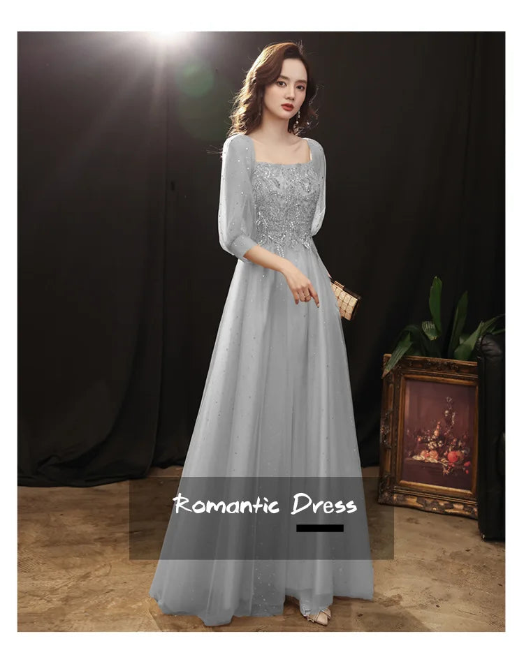 Grey Shining long lady girl women princess banquet party ballbridesmaid performance prom dress performance gown - Seprincess