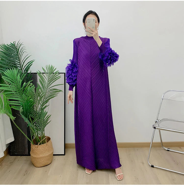 ANLAN Miyake Pleated Maxi Long Dress Mesh Petal Sleeve Half Turtleneck Formal Dresses for Women 2024 New Hot Sales 6KK9927