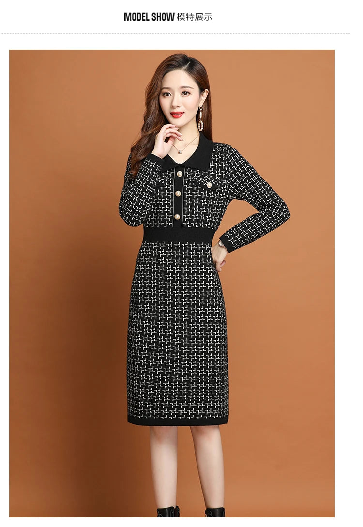 Office Lady Korean Fashion Knitted Solid Slim Dress Women's Winter Long Sleeve Warm Elegant Knee Length Tunics - Seprincess