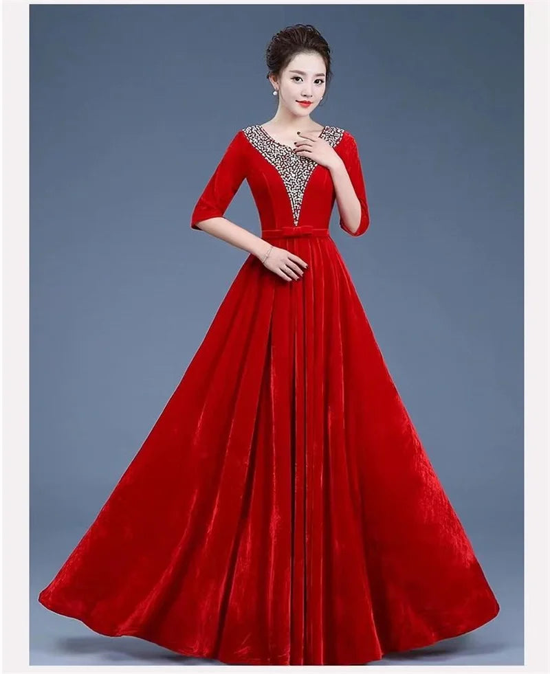 Golden Velvet Chorus Performance Dress New Year Eve Spring Festival Gala Women Chinese Slim Fit Mother Chorus Conductor Clothing - Seprincess