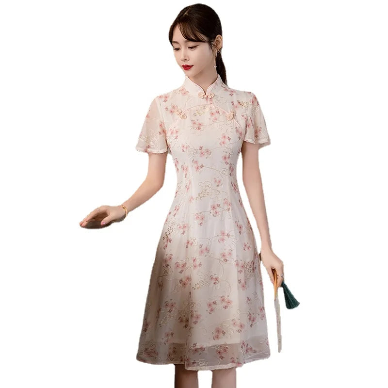 Summer Short Sleeve Qipao Fashion Modern Trend Ethnic Traditional Chinese Clothing Embroidery Cheongsam Dress for Women - Seprincess