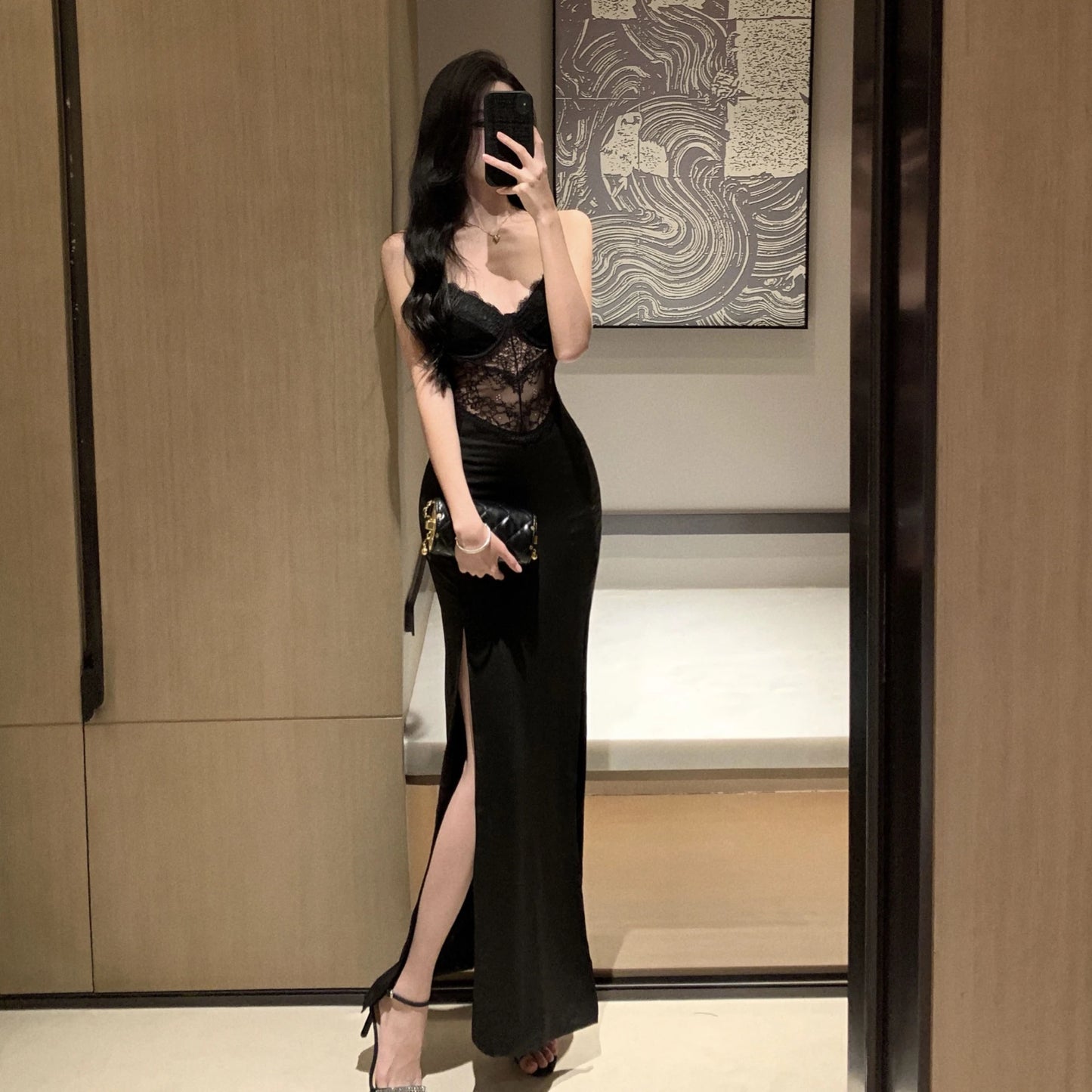 Vintage Sexy Black Lace Prom Maxi Dress Women Hollow Out Split Bodycon Camisole Dresses Evening Party Club Fashion Spring 2024 - Seprincess